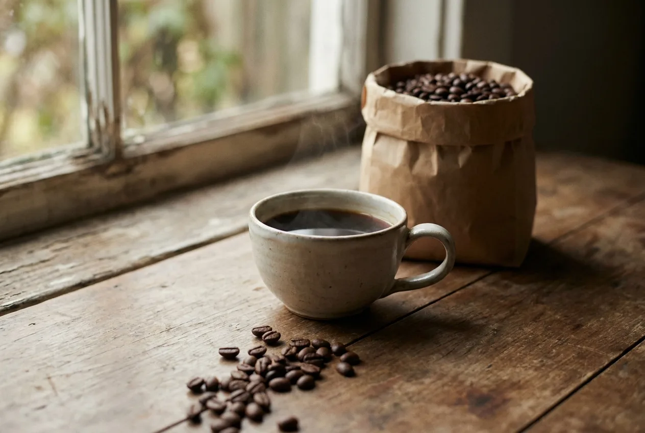 Xícara de café coado e saco de grãos sobre mesa de madeira