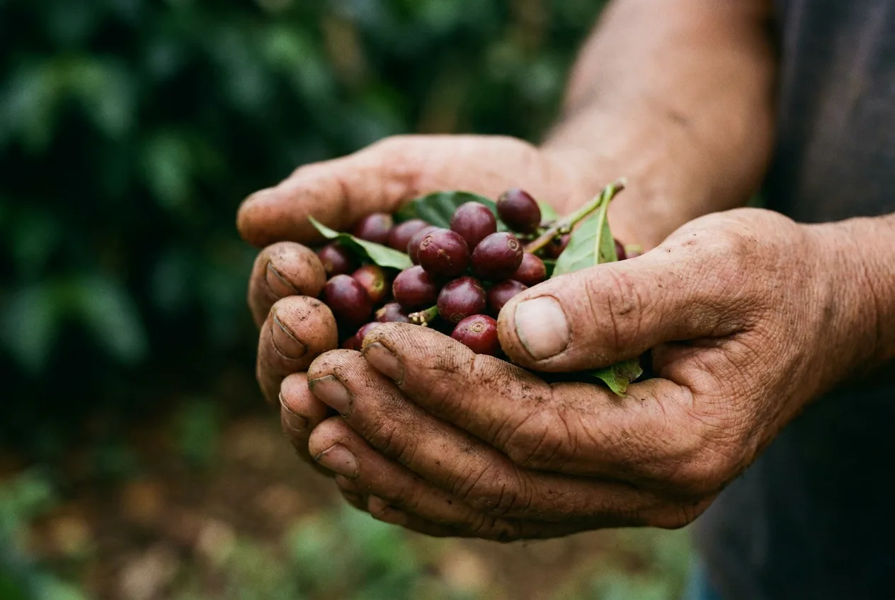 Mãos de produtor com cerejas de café maduras